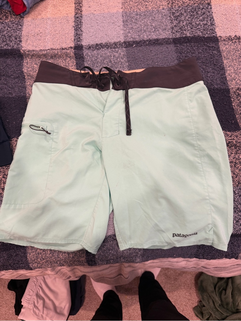 Patagonia Mint Green Athletic Board Shorts with Dark Brown Waist